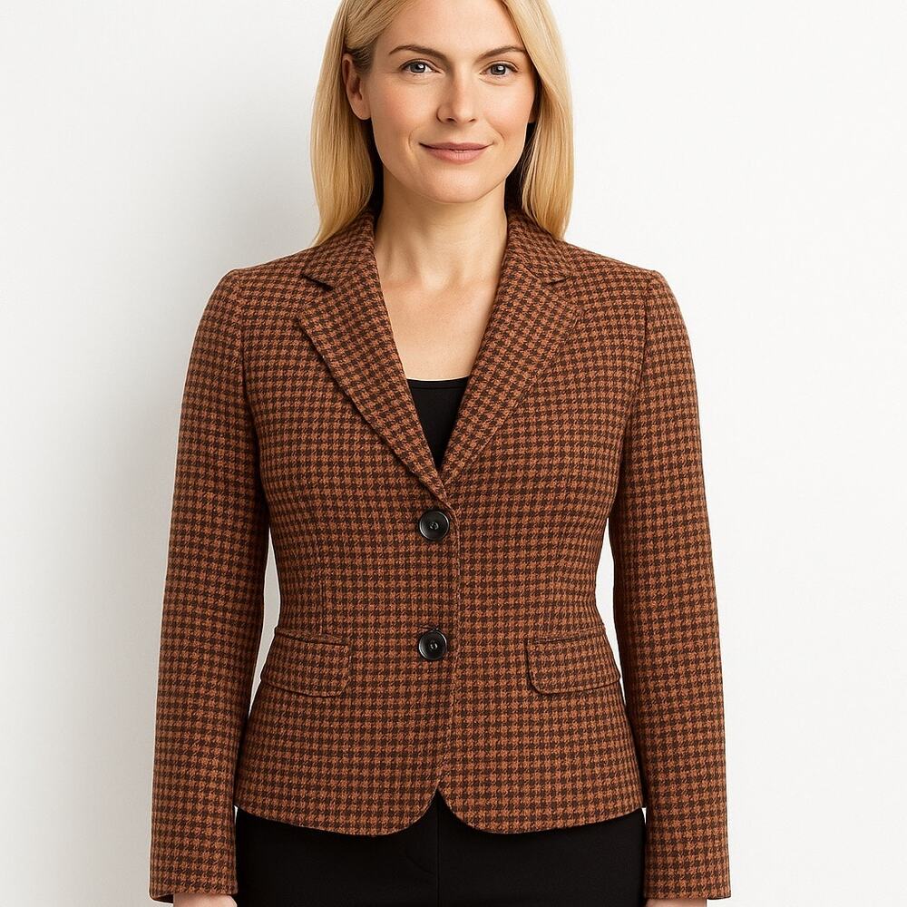 2000s Talbots Wool Houndstooth Blazer Size 6 – Brown Black Tailored